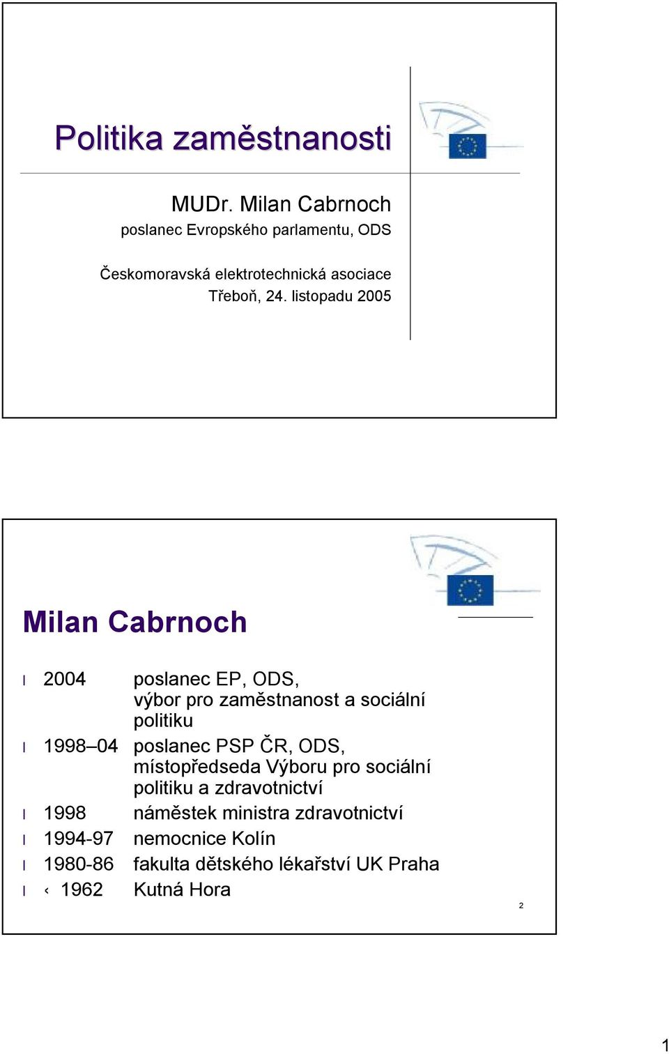 listopadu 2005 Milan Cabrnoch 2004 poslanec EP, ODS, výbor pro zaměstnanost a sociální politiku 1998 04
