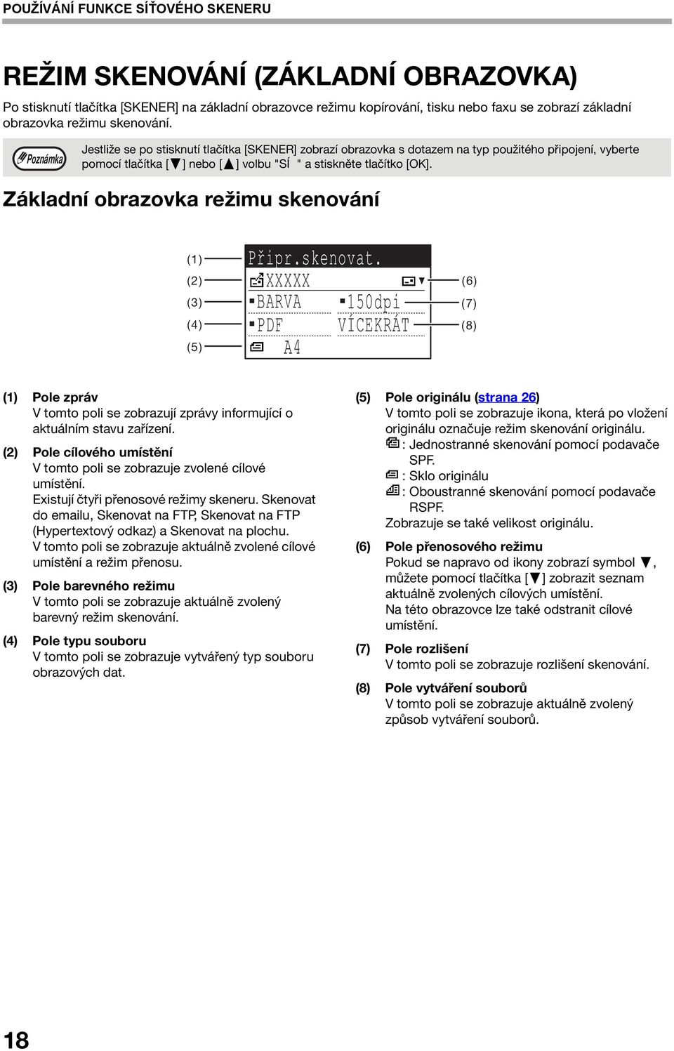 Základní obrazovka režimu skenování () () () () (5) Pøipr.skenovat. XXXXX BARVA 50dpi PDF A VÍCEKRÁT (6) (7) (8) () Pole zpráv V tomto poli se zobrazují zprávy informující o aktuálním stavu zařízení.