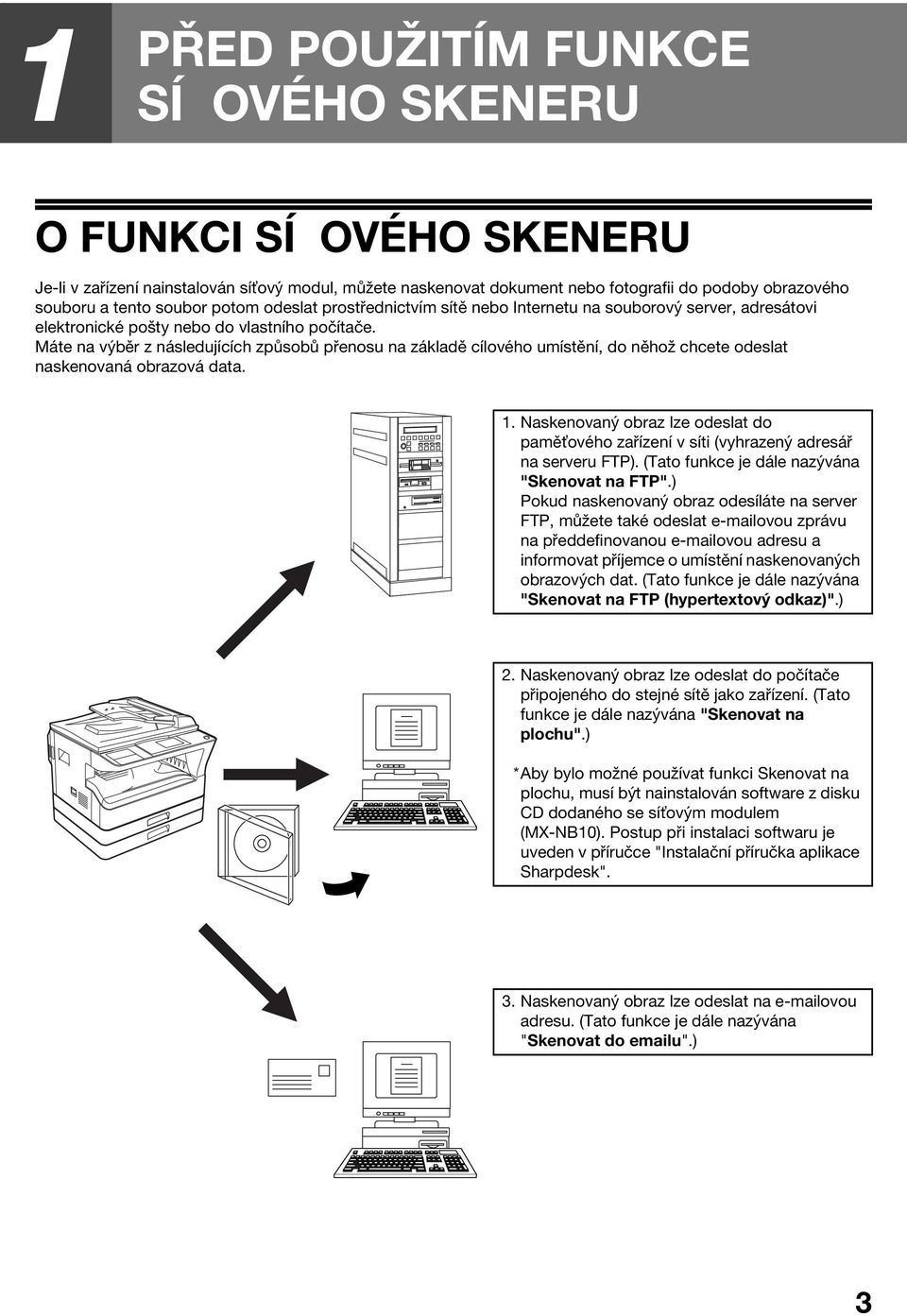 Máte na výběr z následujících způsobů přenosu na základě cílového umístění, do něhož chcete odeslat naskenovaná obrazová data.