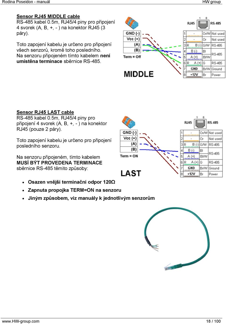 Sensor RJ45 LAST cable RS-485 kabel 0.5m, RJ45/4 piny pro připojení 4 svorek (A, B, +, - ) na konektor RJ45 (pouze 2 páry).
