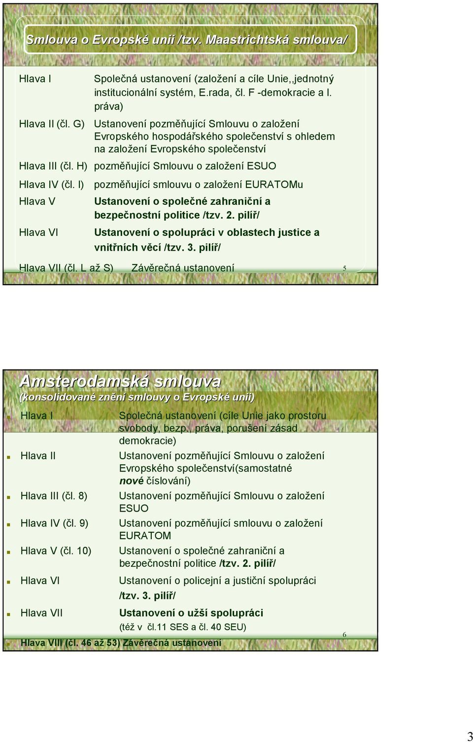 I) Hlava V Hlava VI pozměňující smlouvu o založení EURATOMu Ustanovení o společné zahraniční a bezpečnostní politice /tzv. 2. pilíř/ Ustanovení o spolupráci v oblastech justice a vnitřních věcí /tzv.