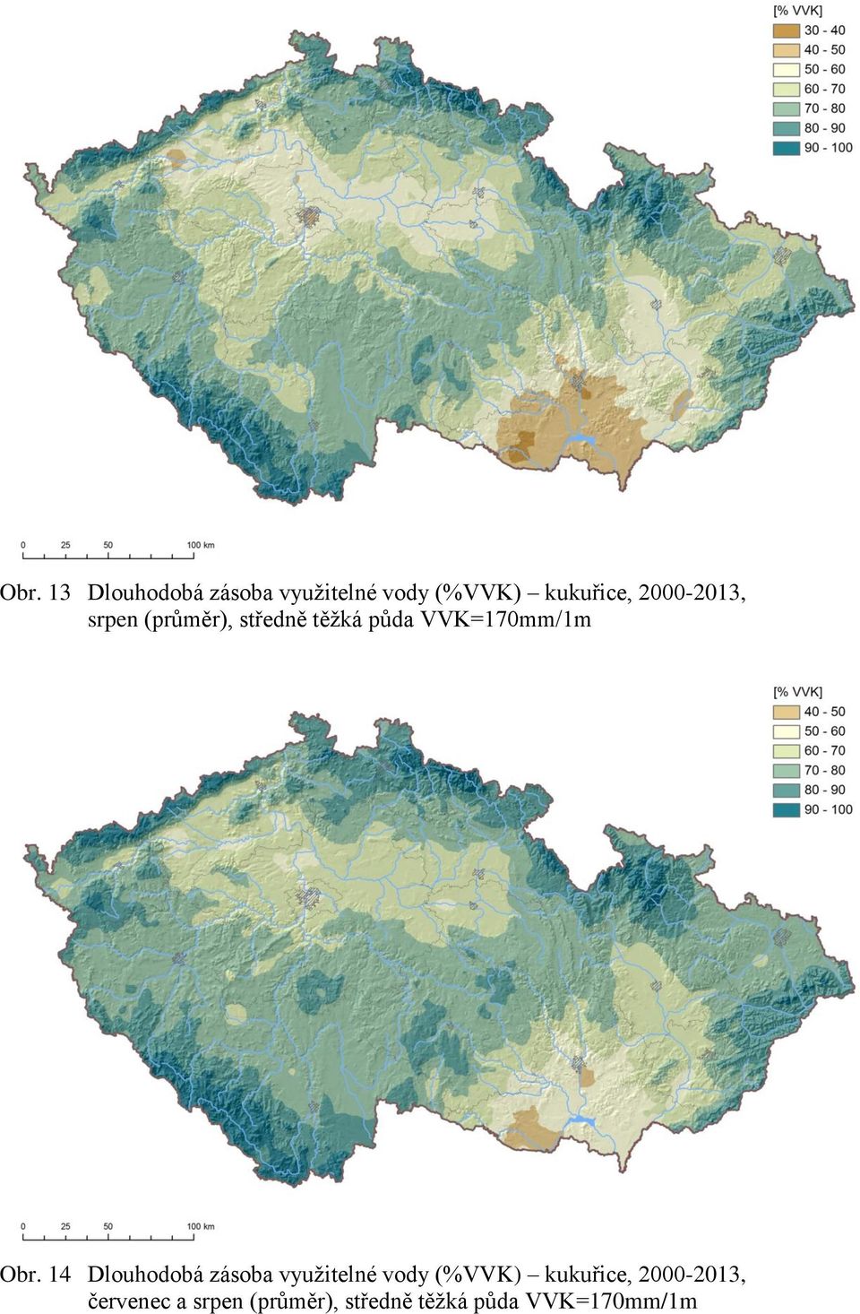 Obr. 14 Dlouhodobá zásoba využitelné vody (%VVK) kukuřice,