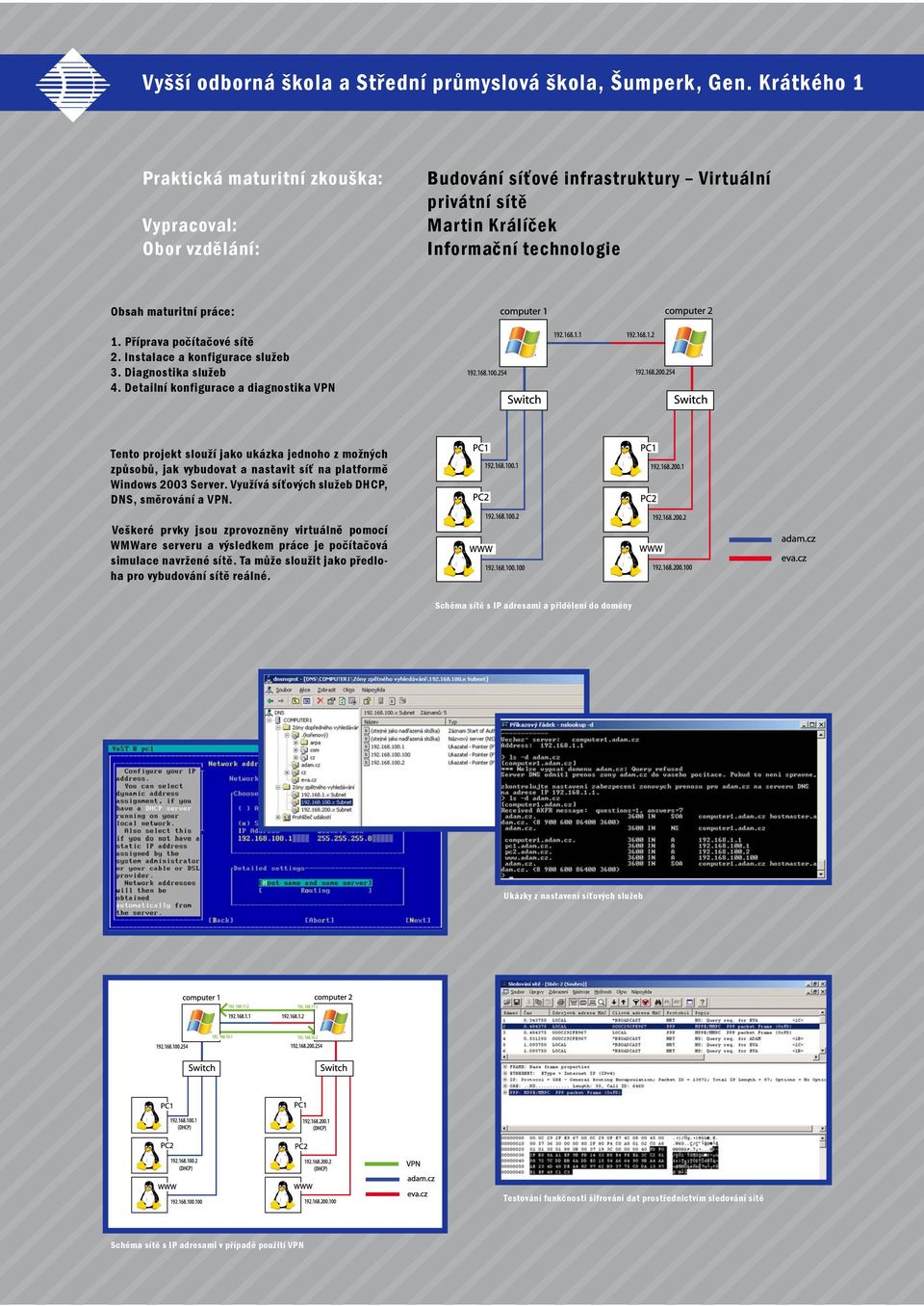 Detailní konfigurace a diagnostika VPN Tento projekt slouží jako ukázka jednoho z možných způsobů, jak vybudovat a nastavit síť na platformě Windows 2003 Server.