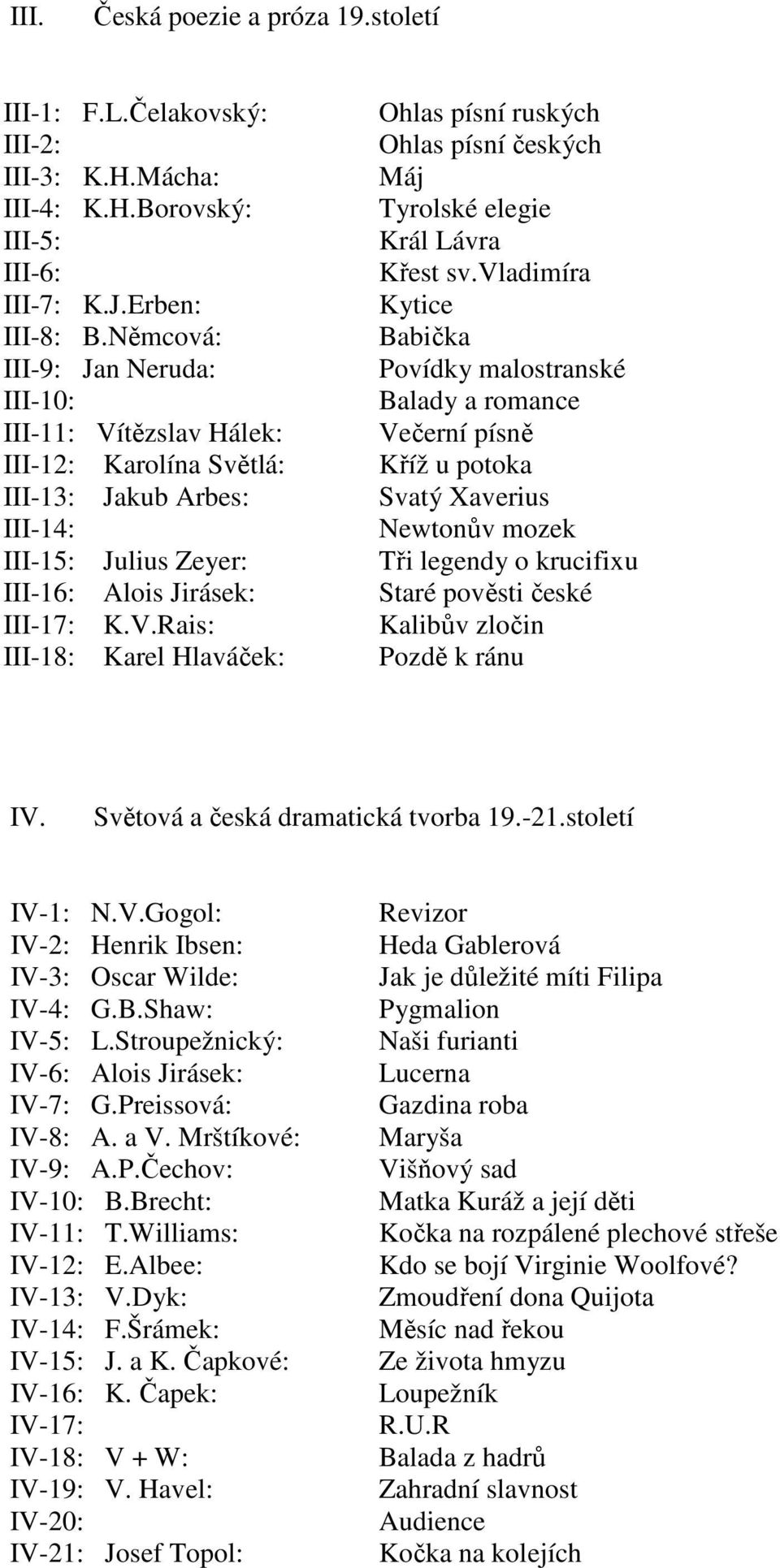 Němcová: Babička III-9: Jan Neruda: Povídky malostranské III-10: Balady a romance III-11: Vítězslav Hálek: Večerní písně III-12: Karolína Světlá: Kříž u potoka III-13: Jakub Arbes: Svatý Xaverius