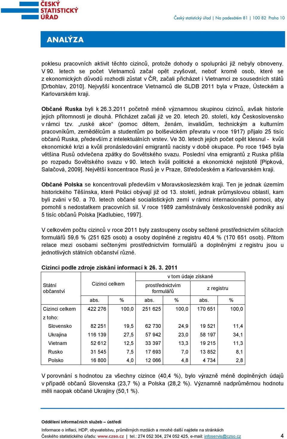 Nejvyšší koncentrace Vietnamců dle SLDB 2011 byla v Praze, Ústeckém a Karlovarském kraji. Občané Ruska byli k 26.3.