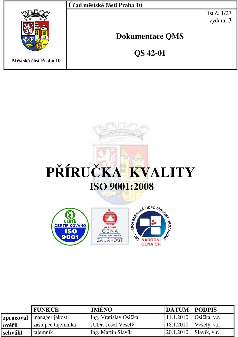 9001:2008 FUNKCE JMÉNO DATUM PODPIS zpracoval manager jakosti Ing. Vratislav Osička 11.1.2010 Osička, v.