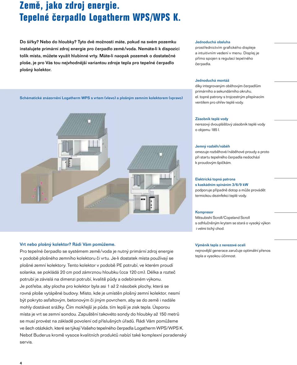 Schématické znázornění Logatherm WPS s vrtem (vlevo) a plošným zemním kolektorem (vpravo) Jednoduchá obsluha prostřednictvím grafického displeje a intuitivním vedení v menu.