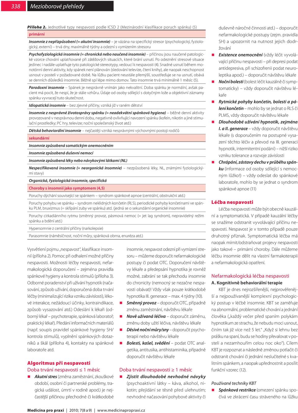 fyziologický, externí) trvá dny, maximálně týdny a odezní s vymizením stresoru Psychofyziologická insomnie (= chronická nebo naučená insomnie) příčinou jsou naučené patologické vzorce chování