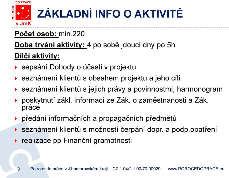 klientů s obsahem projektu a jeho cíli seznámení klientů s jejich právy a povinnostmi, harmonogram poskytnutí zákl.