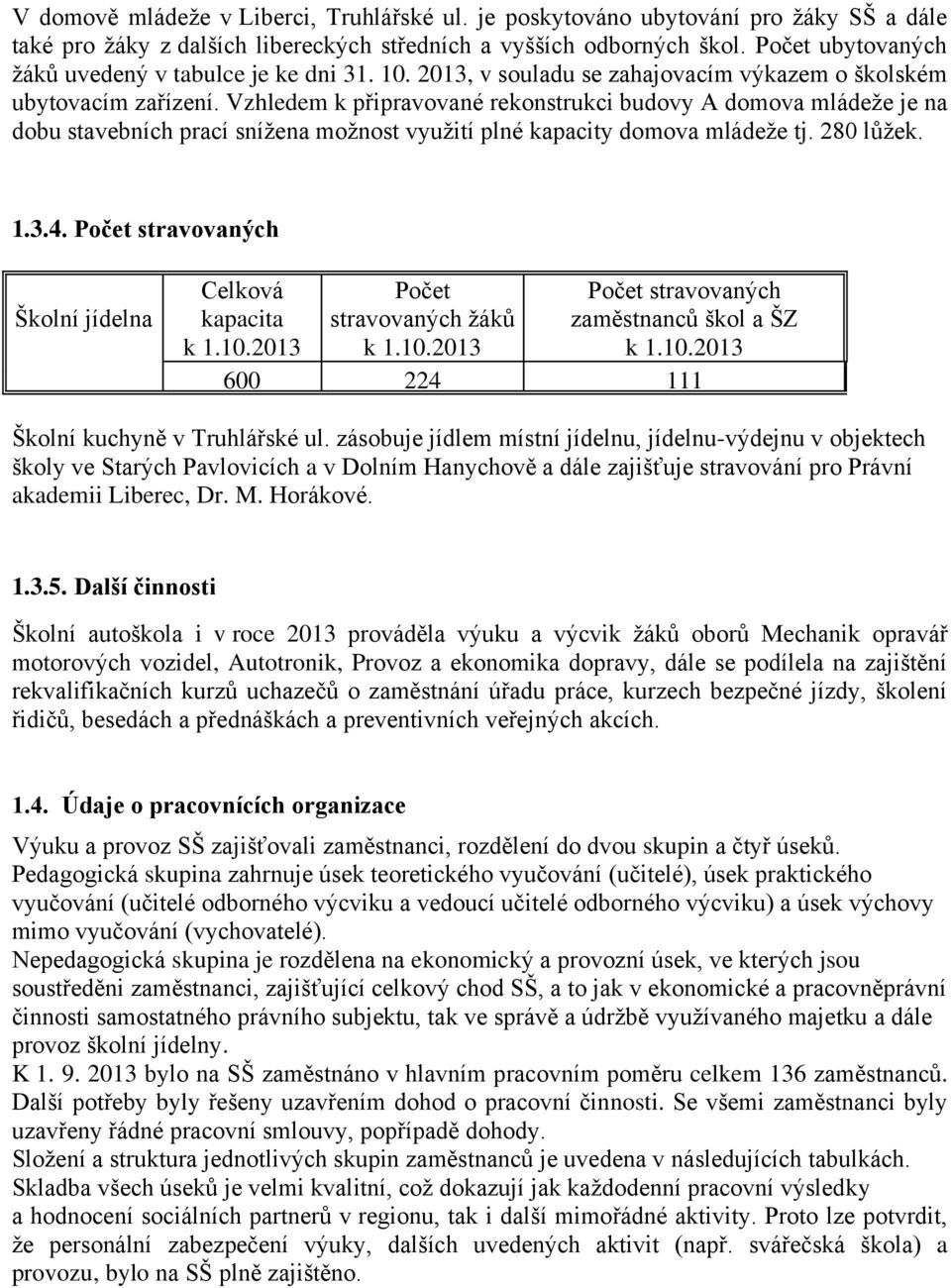 Vzhledem k připravované rekonstrukci budovy A domova mládeže je na dobu stavebních prací snížena možnost využití plné kapacity domova mládeže tj. 280 lůžek. 1.3.4.