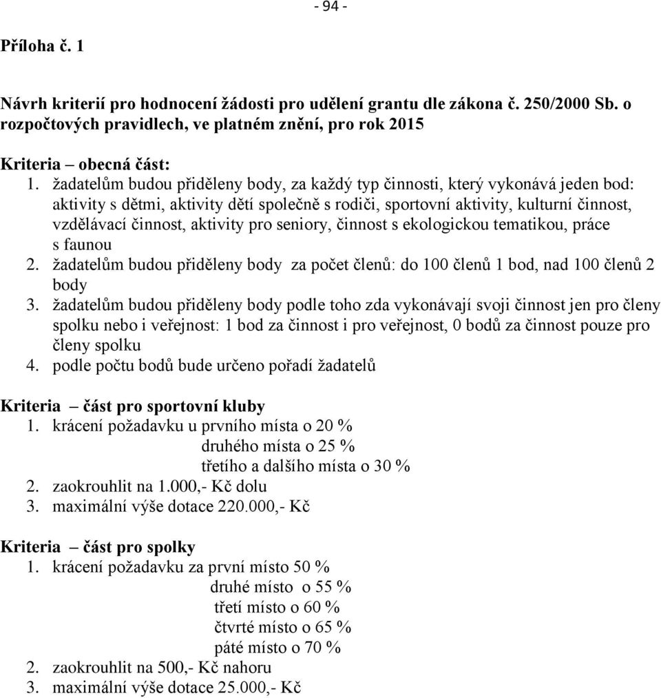 pro seniory, činnost s ekologickou tematikou, práce s faunou 2. žadatelům budou přiděleny body za počet členů: do 100 členů 1 bod, nad 100 členů 2 body 3.