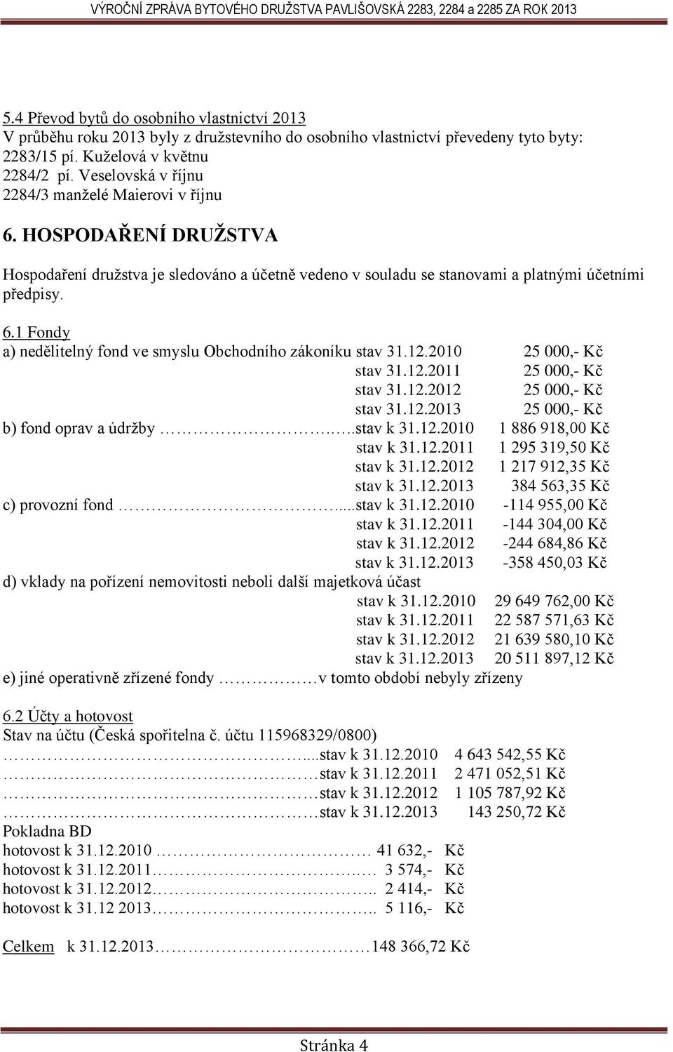 12.2010 25 000,- Kč stav 31.12.2011 25 000,- Kč stav 31.12.2012 25 000,- Kč stav 31.12.2013 25 000,- Kč b) fond oprav a údržby...stav k 31.12.2010 1 886 918,00 Kč stav k 31.12.2011 1 295 319,50 Kč stav k 31.