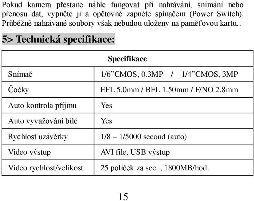 . 5> Technická specifikace: Specifikace Snímač 1/6 CMOS, 0.