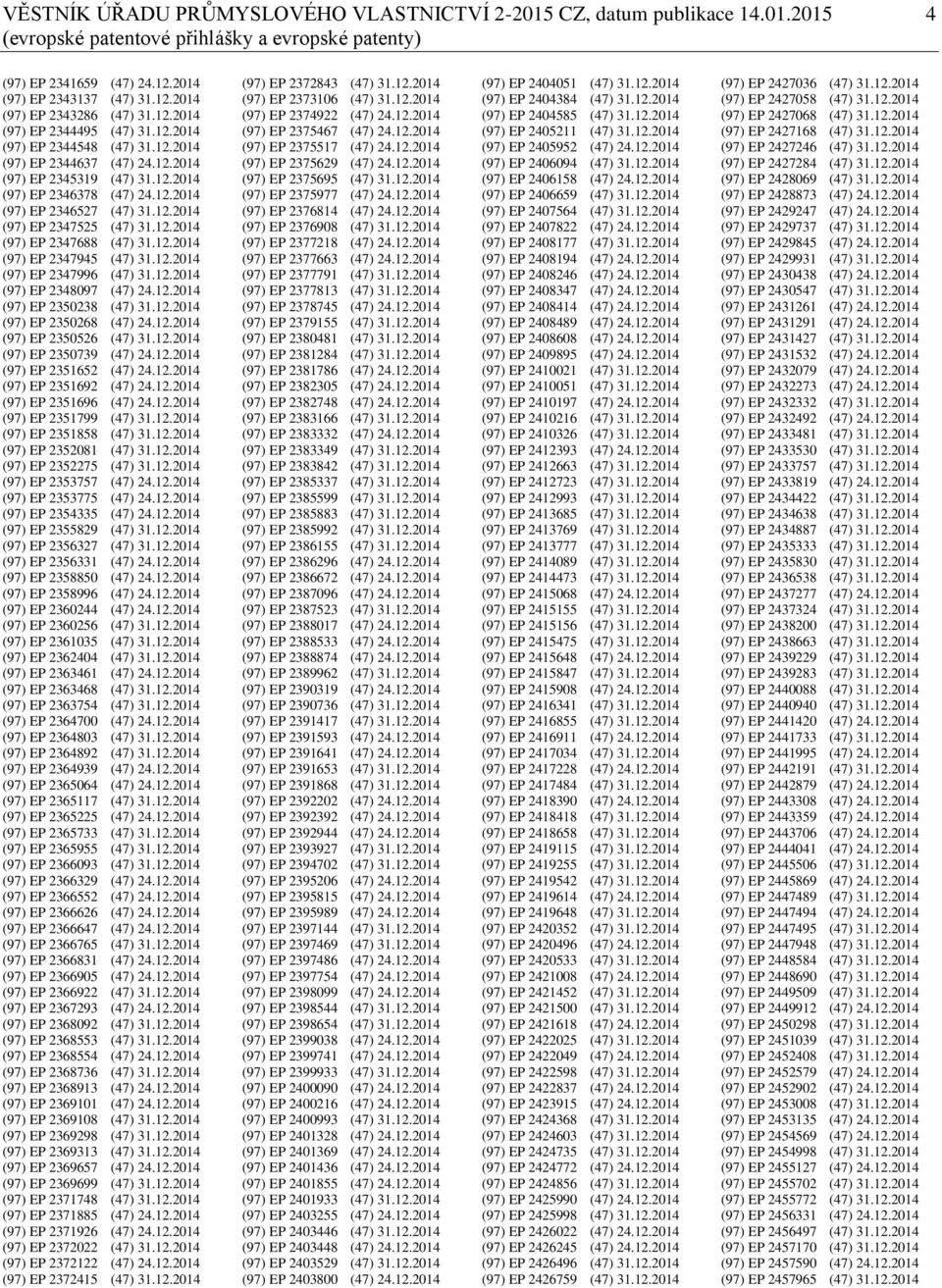 12.2014 (97) EP 2347688 (47) 31.12.2014 (97) EP 2347945 (47) 31.12.2014 (97) EP 2347996 (47) 31.12.2014 (97) EP 2348097 (47) 24.12.2014 (97) EP 2350238 (47) 31.12.2014 (97) EP 2350268 (47) 24.12.2014 (97) EP 2350526 (47) 31.