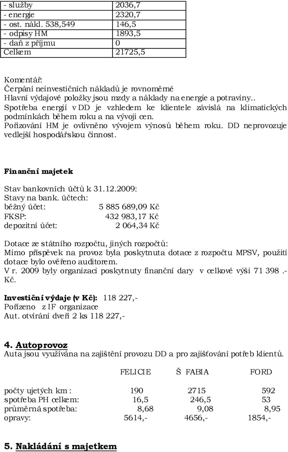 . Spotřeba energií v DD je vzhledem ke klientele závislá na klimatických podmínkách během roku a na vývoji cen. Pořizování HM je ovlivněno vývojem výnosů během roku.