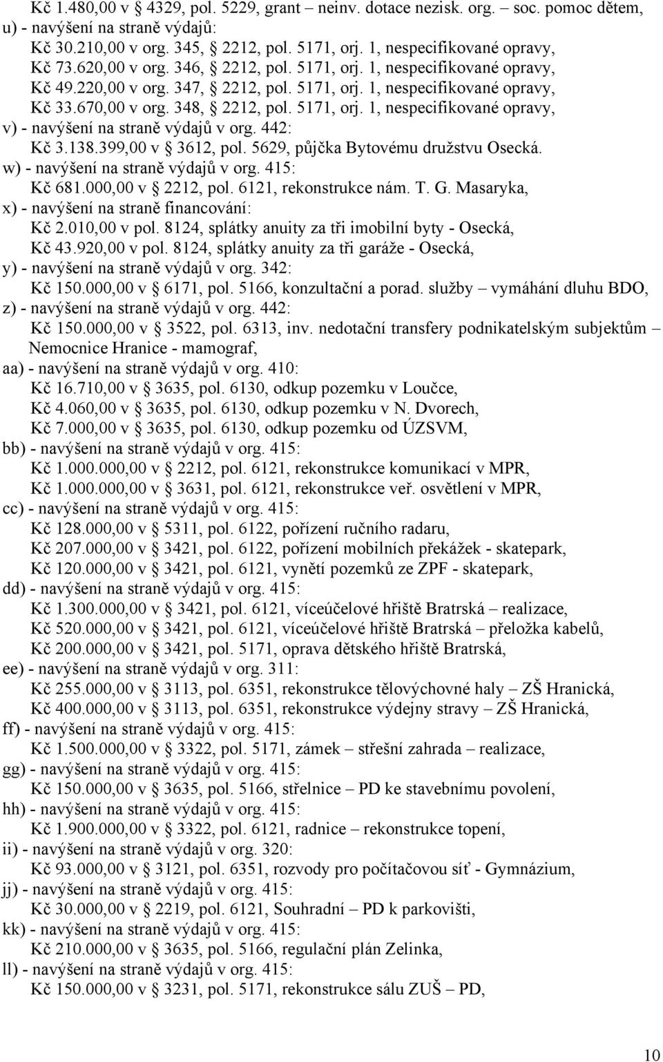 442: Kč 3.138.399,00 v 3612, pol. 5629, půjčka Bytovému družstvu Osecká. w) - navýšení na straně výdajů v org. 415: Kč 681.000,00 v 2212, pol. 6121, rekonstrukce nám. T. G.