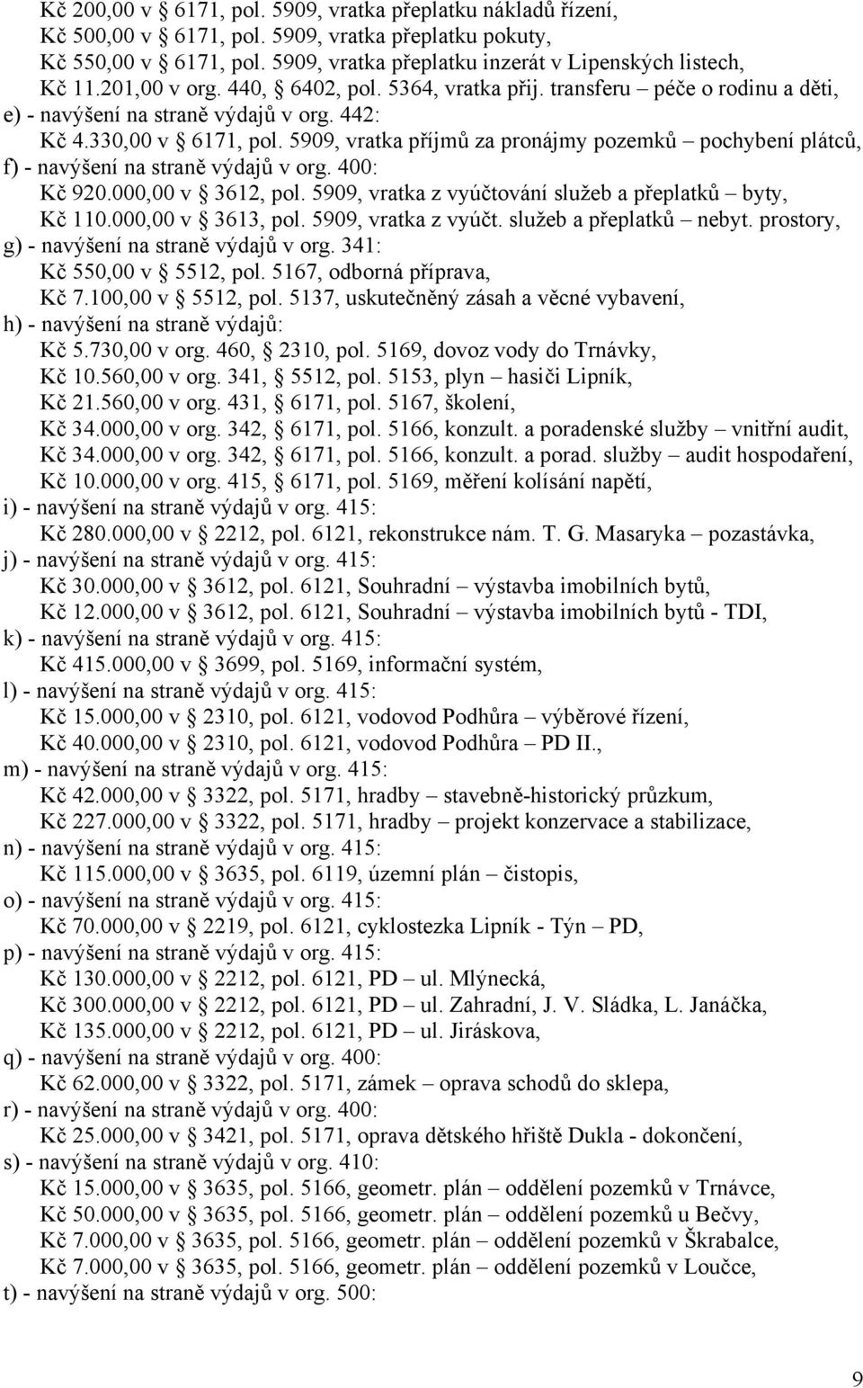 5909, vratka příjmů za pronájmy pozemků pochybení plátců, f) - navýšení na straně výdajů v org. 400: Kč 920.000,00 v 3612, pol. 5909, vratka z vyúčtování služeb a přeplatků byty, Kč 110.
