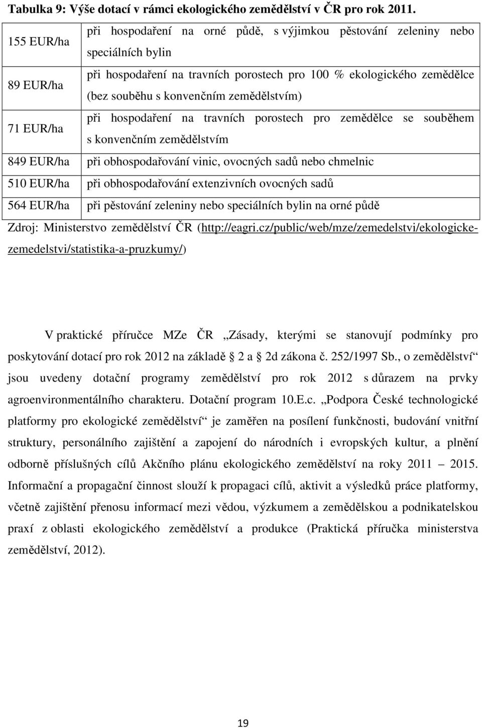 konvenčním zemědělstvím) při hospodaření na travních porostech pro zemědělce se souběhem 71 EUR/ha s konvenčním zemědělstvím 849 EUR/ha při obhospodařování vinic, ovocných sadů nebo chmelnic 510