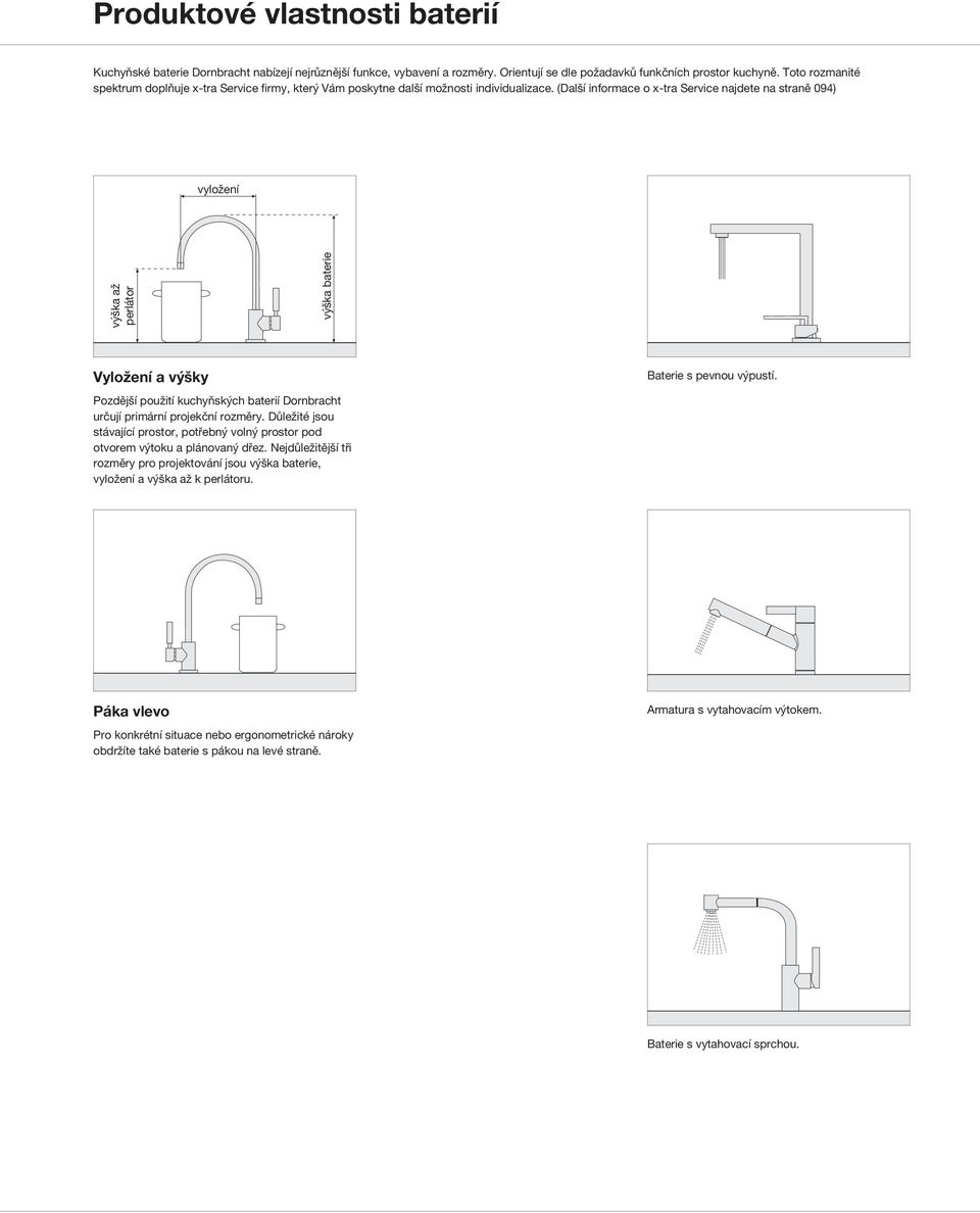(Další informace o x-tra Service najdete na straně 094) vyložení výška až perlátor výška baterie Vyložení a výšky Pozdější použití kuchyňských baterií Dornbracht určují primární projekční rozměry.