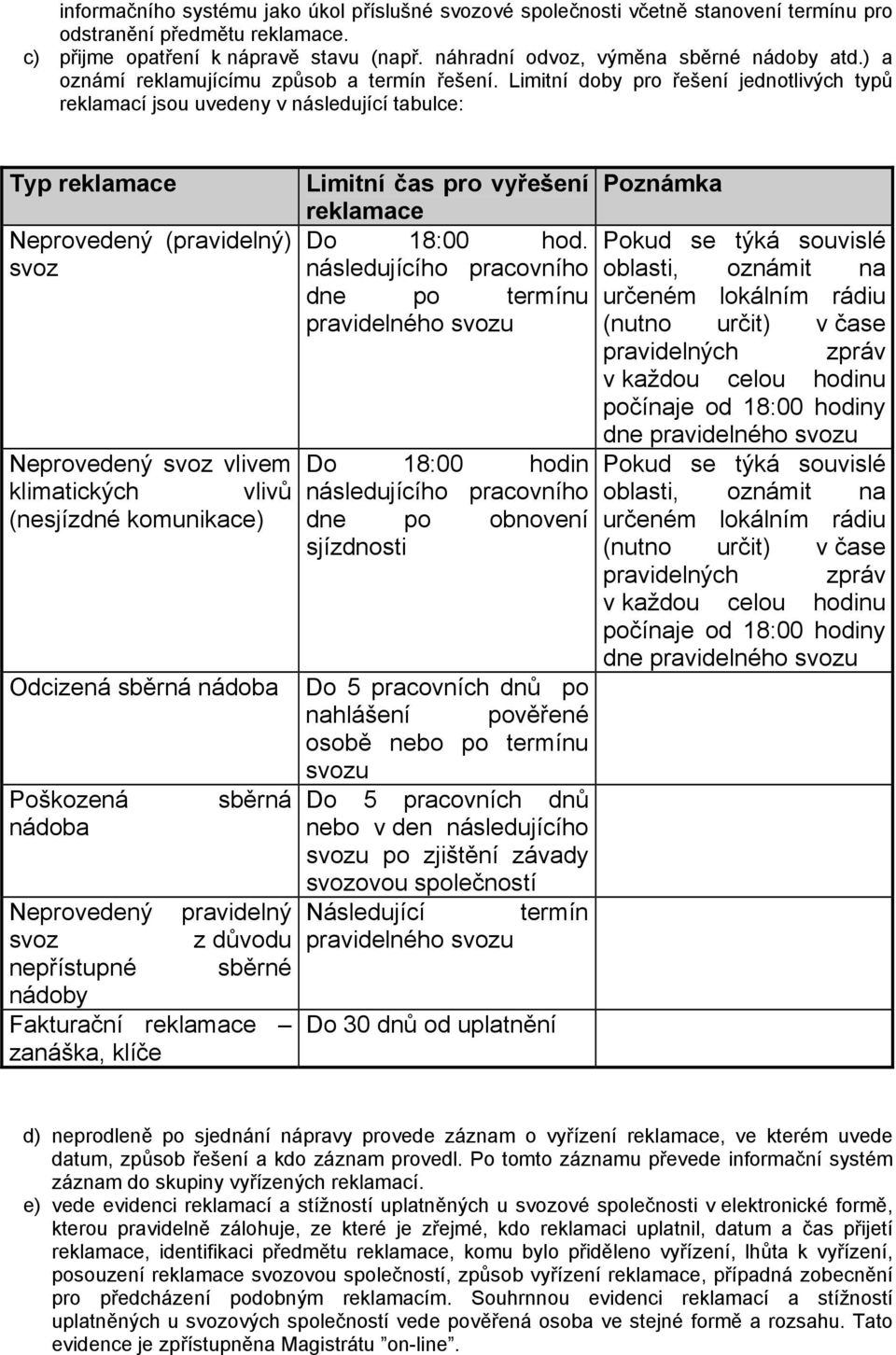 Limitní doby pro řešení jednotlivých typů reklamací jsou uvedeny v následující tabulce: Typ reklamace Limitní čas pro vyřešení Poznámka reklamace Neprovedený (pravidelný) Do 18:00 hod.
