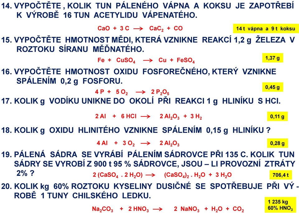 4 P + 5 O 2 2 P 2 O 5 0,45 g 17. KOLIK g VODÍKU UNIKNE DO OKOLÍ PŘI REAKCI 1 g HLINÍKU S HCl. 2 Al + 6 HCl 2 Al 2 O 3 + 3 H 2 0,11 g 18. KOLIK g OXIDU HLINITÉHO VZNIKNE SPÁLENÍM 0,15 g HLINÍKU?