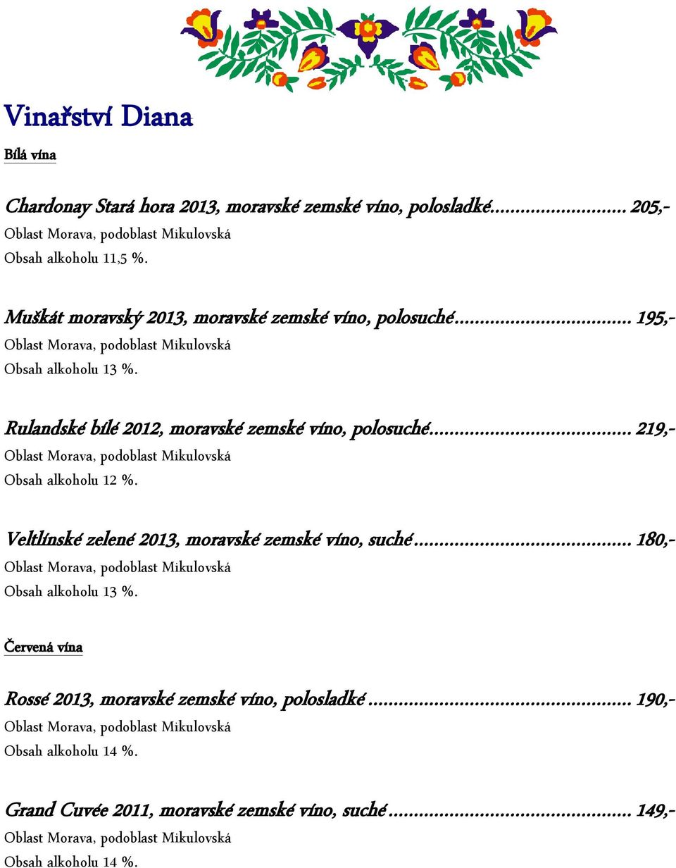 .. 219,- Oblast Morava, podoblast Mikulovská Obsah alkoholu 12 %. Veltlínské zelené 2013, moravské zemské víno, suché... 180,- Oblast Morava, podoblast Mikulovská Obsah alkoholu 13 %.