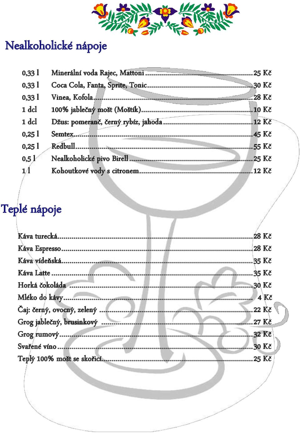 .. 55 Kč 0,5 l Nealkoholické pivo Birell... 25 Kč 1 l Kohoutkové vody s citronem... 12 Kč Teplé nápoje Káva turecká... 28 Kč Káva Espresso... 28 Kč Káva vídeňská.