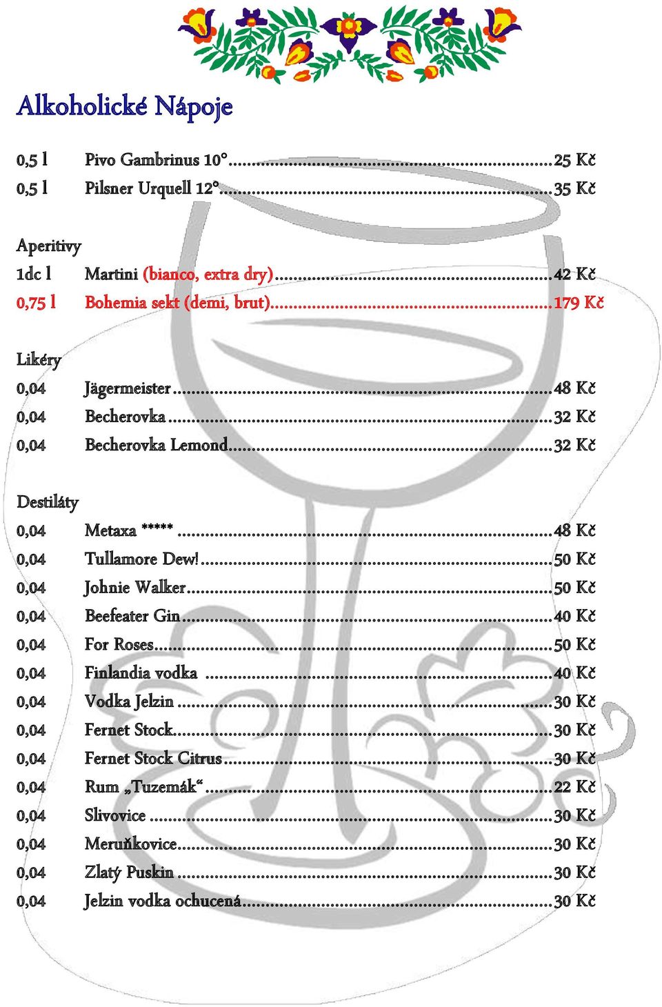 .. 48 Kč 0,04 Tullamore Dew!... 50 Kč 0,04 Johnie Walker... 50 Kč 0,04 Beefeater Gin... 40 Kč 0,04 For Roses... 50 Kč 0,04 Finlandia vodka... 40 Kč 0,04 Vodka Jelzin.