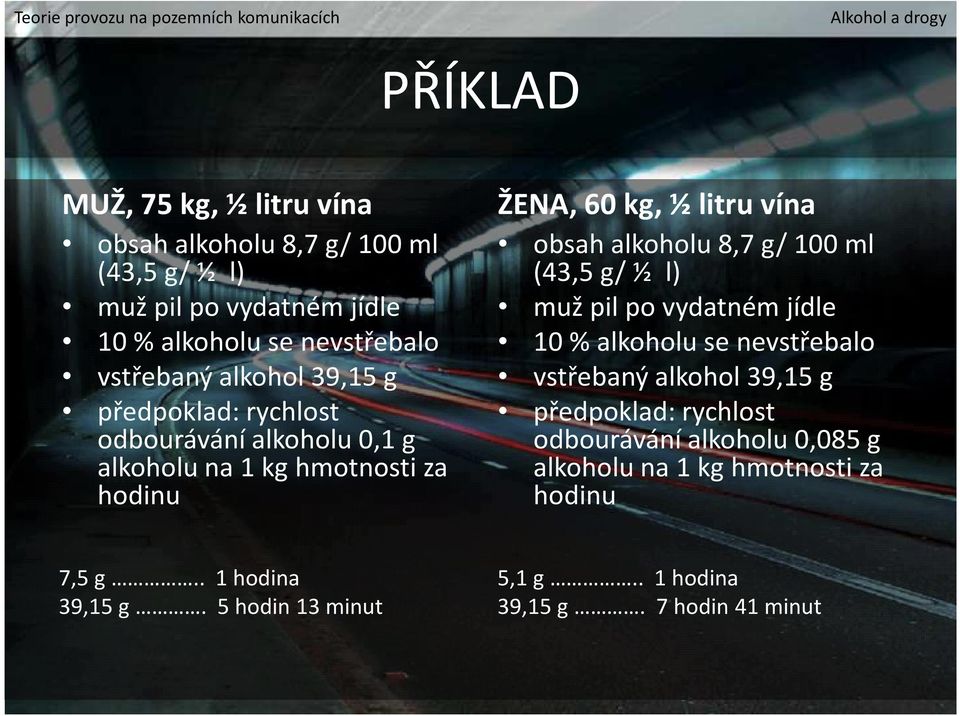 vína obsah alkoholu 8,7 g/ 100 ml (43,5 g/ ½ l) muž pil po vydatném jídle 10% alkoholu se nevstřebalo vstřebaný alkohol 39,15 g předpoklad: