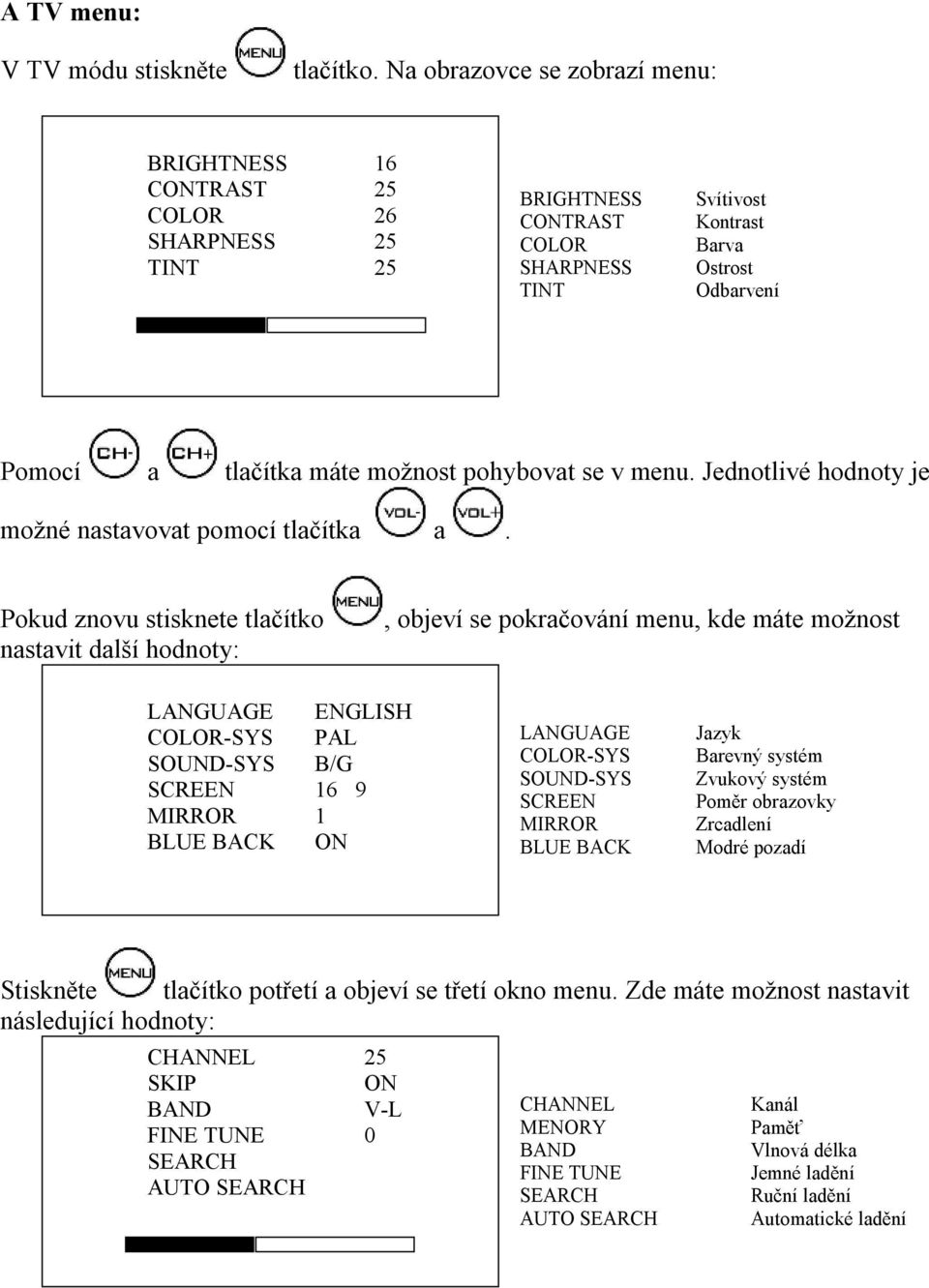 možnost pohybovat se v menu. Jednotlivé hodnoty je možné nastavovat pomocí tlačítka a.
