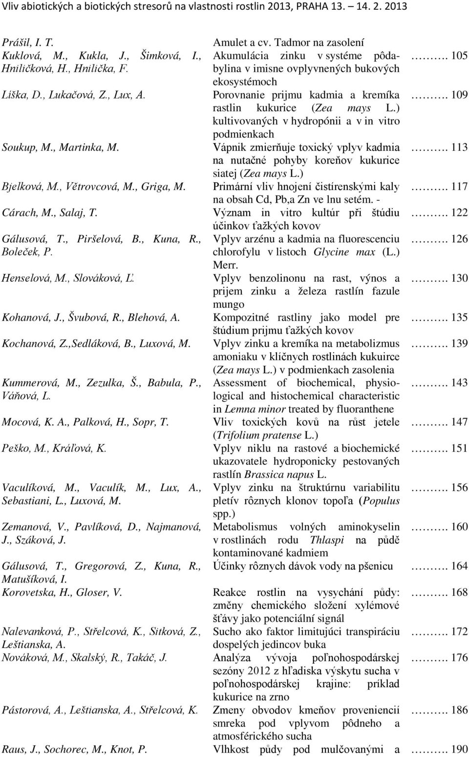 , Váňová, L. Mocová, K. A., Palková, H., Sopr, T. Peško, M., Kráľová, K. Vaculíková, M., Vaculík, M., Lux, A., Sebastiani, L., Luxová, M. Zemanová, V., Pavlíková, D., Najmanová, J., Száková, J.