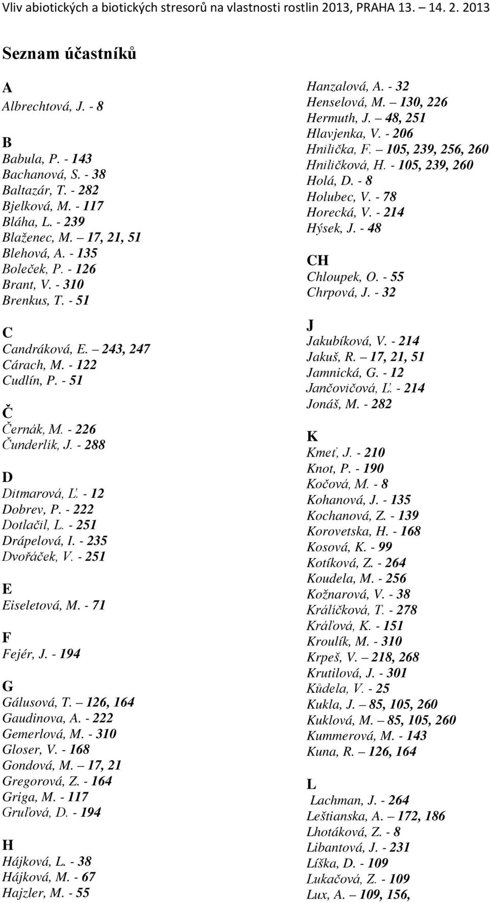 - 235 Dvořáček, V. - 251 E Eiseletová, M. - 71 F Fejér, J. - 194 G Gálusová, T. 126, 164 Gaudinova, A. - 222 Gemerlová, M. - 310 Gloser, V. - 168 Gondová, M. 17, 21 Gregorová, Z. - 164 Griga, M.