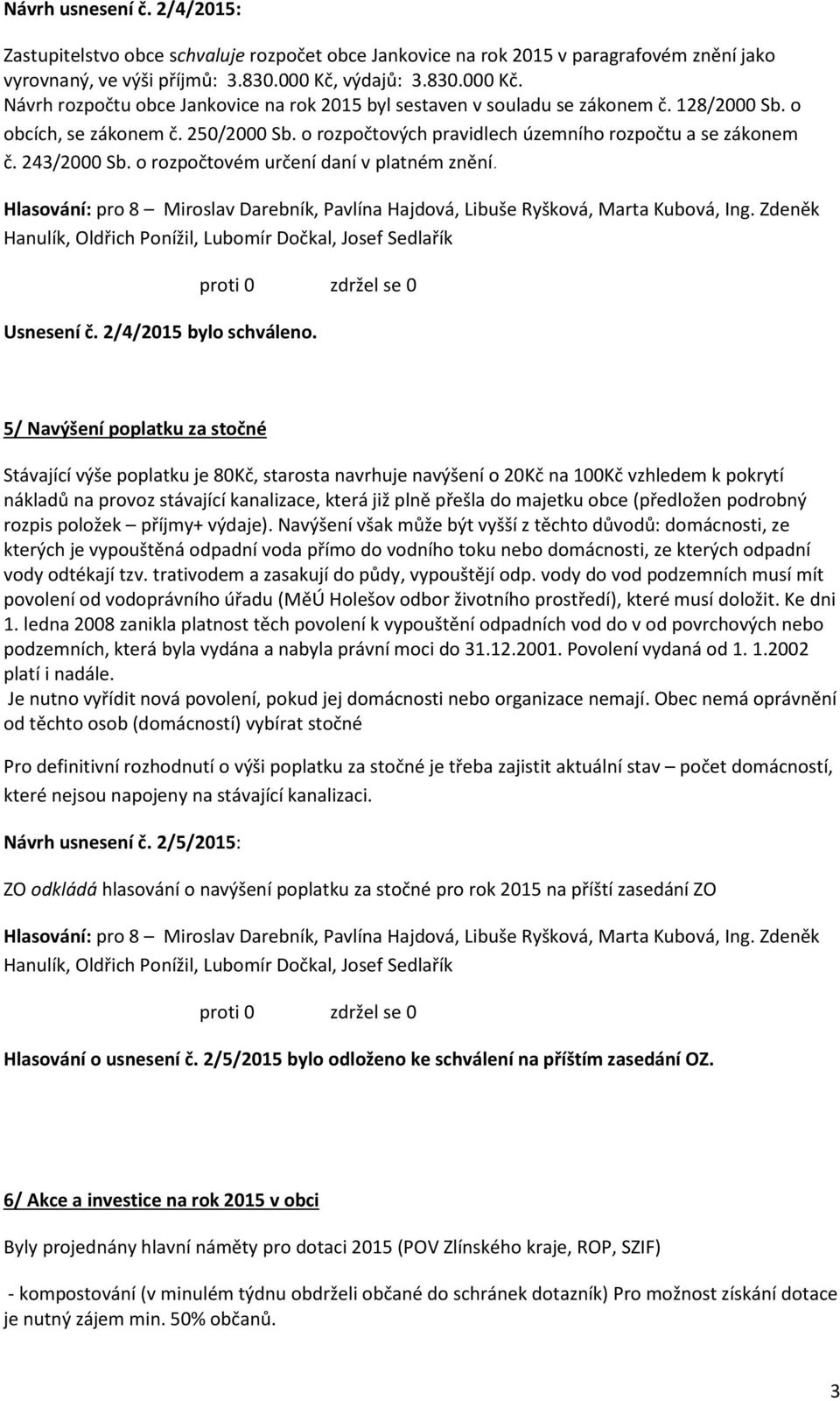 o rozpočtových pravidlech územního rozpočtu a se zákonem č. 243/2000 Sb. o rozpočtovém určení daní v platném znění. Usnesení č. 2/4/2015 bylo schváleno.