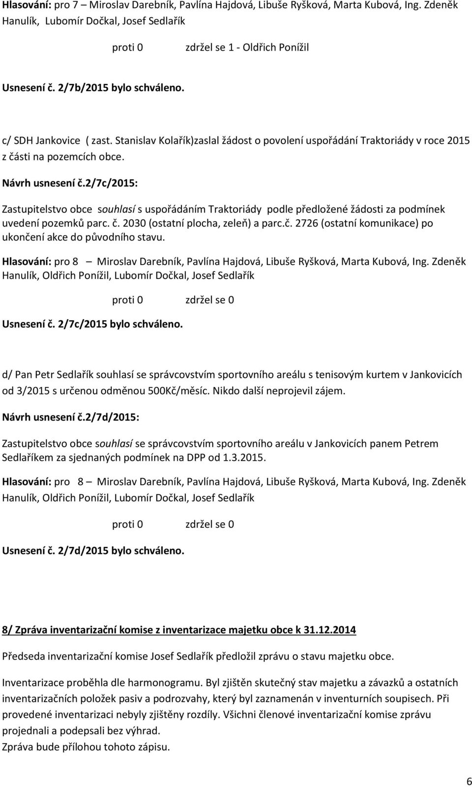 2/7c/2015: Zastupitelstvo obce souhlasí s uspořádáním Traktoriády podle předložené žádosti za podmínek uvedení pozemků parc. č. 2030 (ostatní plocha, zeleň) a parc.č. 2726 (ostatní komunikace) po ukončení akce do původního stavu.