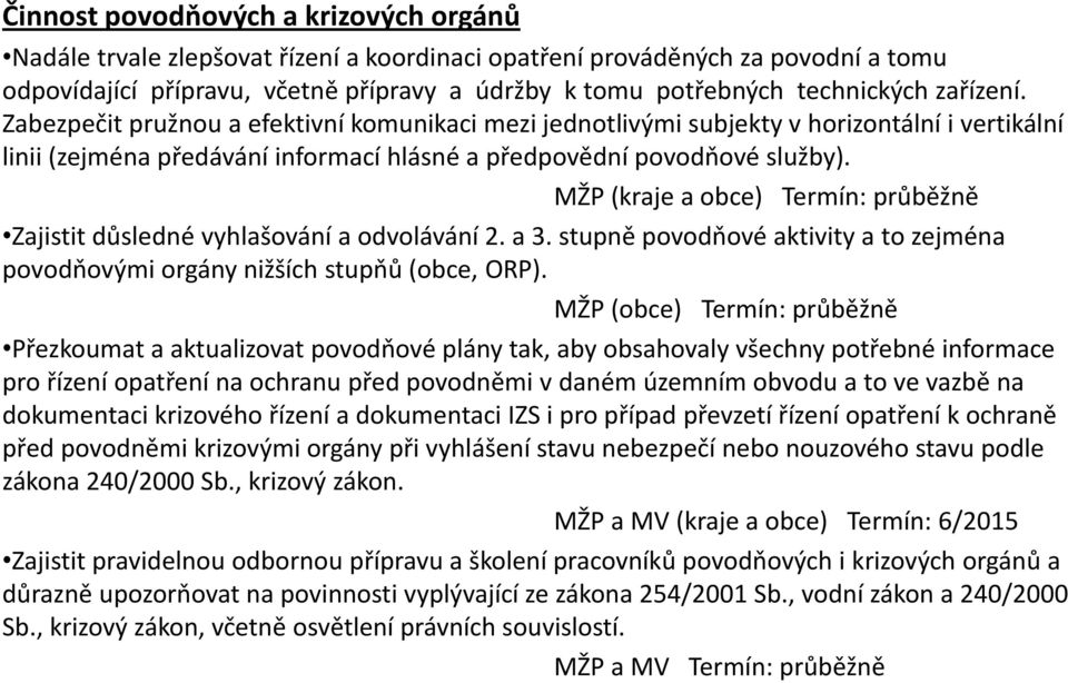 MŽP (kraje a obce) Termín: průběžně Zajistit důsledné vyhlašování a odvolávání 2. a 3. stupně povodňové aktivity a to zejména povodňovými orgány nižších stupňů (obce, ORP).