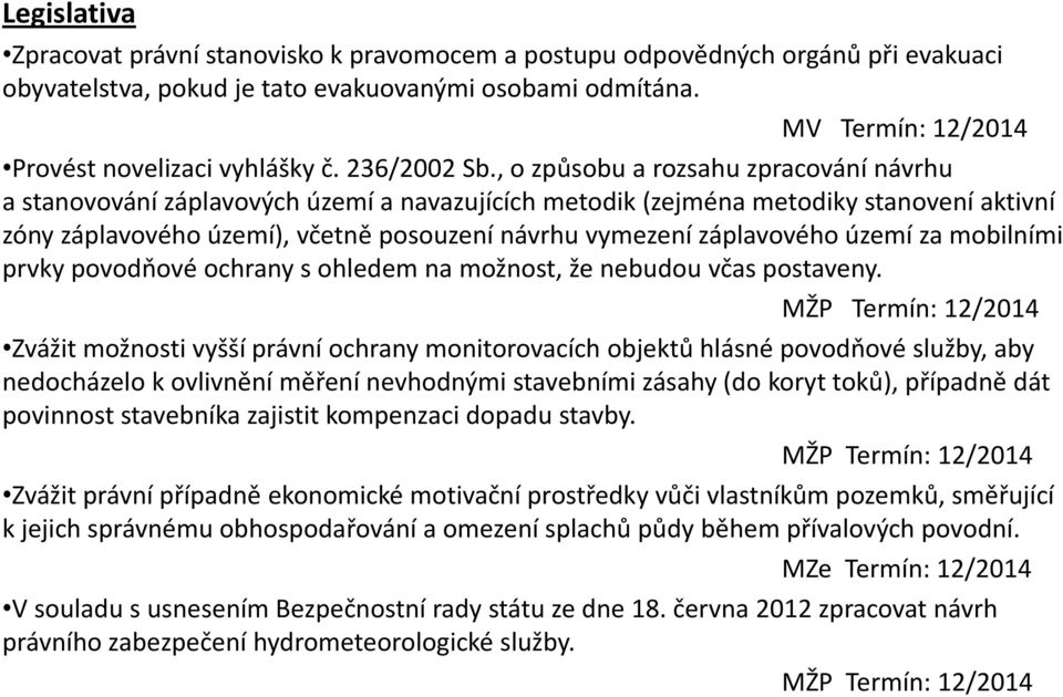 , o způsobu a rozsahu zpracování návrhu a stanovování záplavových území a navazujících metodik (zejména metodiky stanovení aktivní zóny záplavového území), včetně posouzení návrhu vymezení