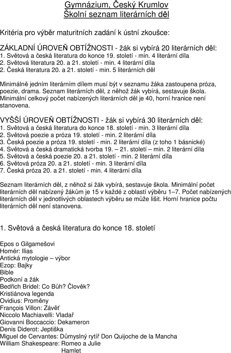 Seznam literárních děl, z něhož žák vybírá, sestavuje škola. Minimální celkový počet nabízených literárních děl je 40, horní hranice není stanovena.