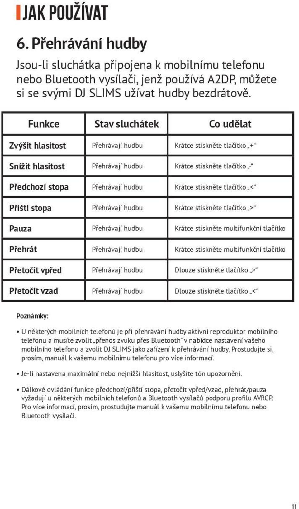 stiskněte tlačítko < Příští stopa Přehrávají hudbu Krátce stiskněte tlačítko > Pauza Přehrávají hudbu Krátce stiskněte multifunkční tlačítko Přehrát Přehrávají hudbu Krátce stiskněte multifunkční