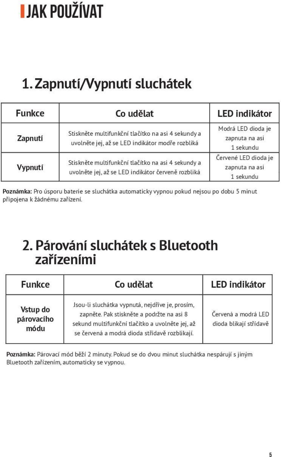 sekundy a uvolněte jej, až se LED indikátor červeně rozbliká LED indikátor Modrá LED dioda je zapnuta na asi 1 sekundu Červené LED dioda je zapnuta na asi 1 sekundu Poznámka: Pro úsporu baterie se