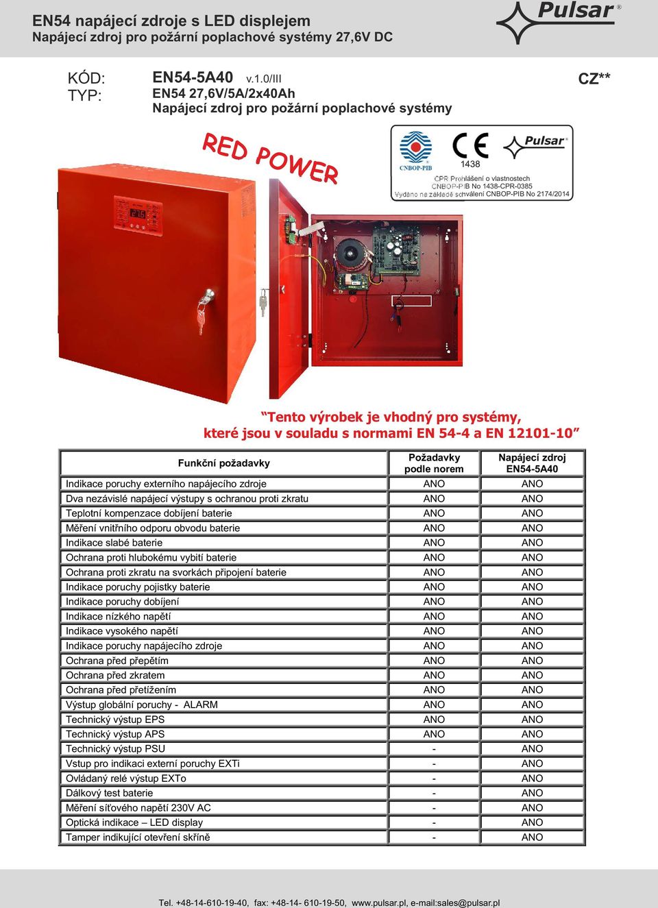 2174/2014 Tento výrobek je vhodný pro systémy, které jsou v souladu s normami EN 54-4 a EN 12101-10 Funkční požadavky Požadavky podle norem Napájecí zdroj EN54-5A40 Indikace poruchy externího