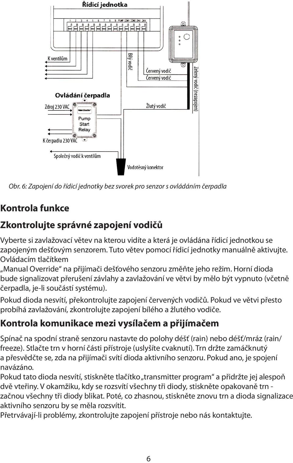 Horní dioda bude signalizovat přerušení závlahy a zavlažování ve větvi by mělo být vypnuto (včetně čerpadla, je-li součástí systému). Pokud dioda nesvítí, překontrolujte zapojení červených vodičů.