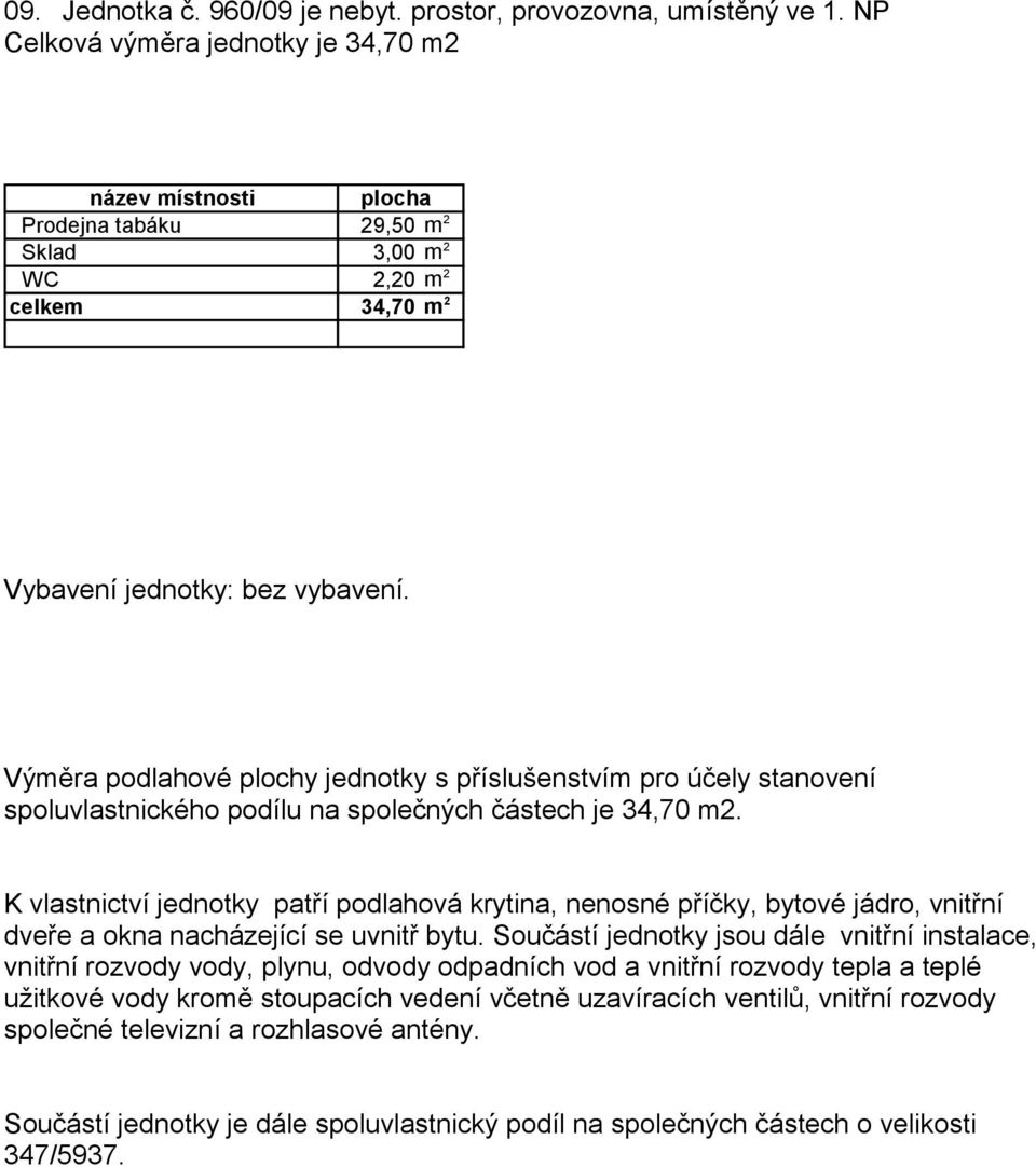 NP Celková výměra jednotky je 34,70 m2 Prodejna tabáku 29,50