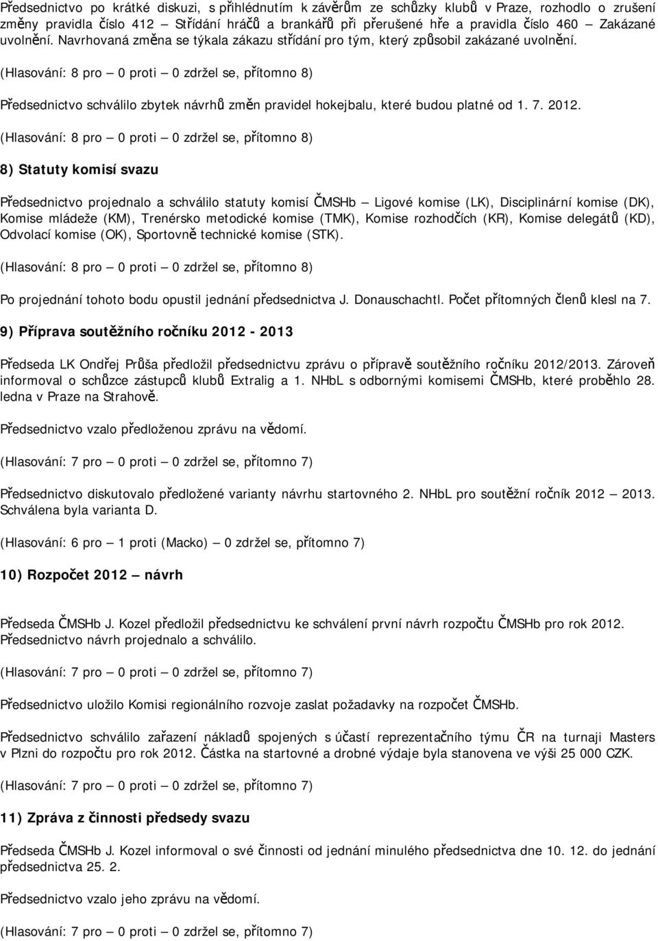 (Hlasování: 8 pro 0 proti 0 zdržel se, přítomno 8) Předsednictvo schválilo zbytek návrhů změn pravidel hokejbalu, které budou platné od 1. 7. 2012.