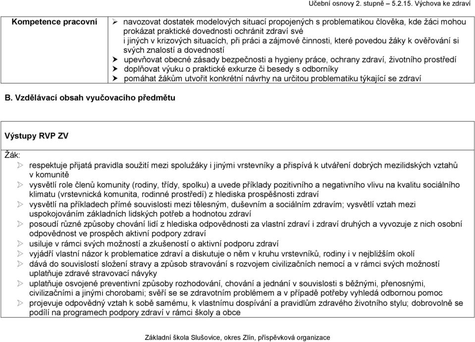 praktické exkurze či besedy s odborníky pomáhat žákům utvořit konkrétní návrhy na určitou problematiku týkající se zdraví B.