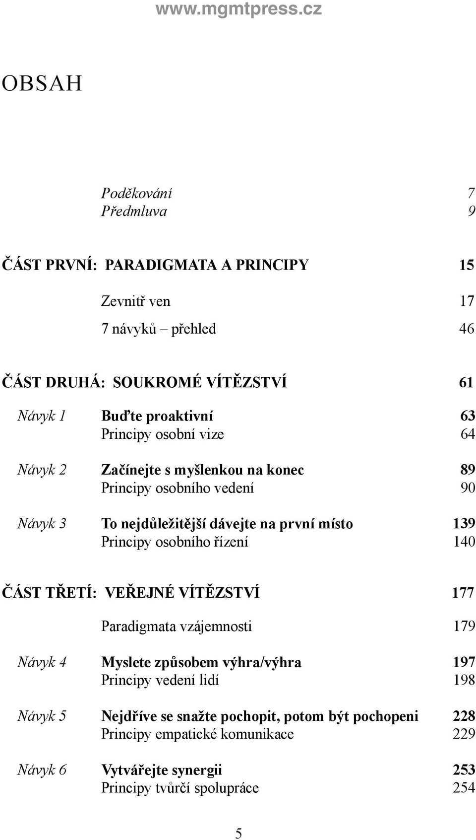 139 Principy osobního řízení 140 ČÁST TŘETÍ: VEŘEJNÉ VÍTĚZSTVÍ 177 Paradigmata vzájemnosti 179 Návyk 4 Myslete způsobem výhra/výhra 197 Principy vedení lidí