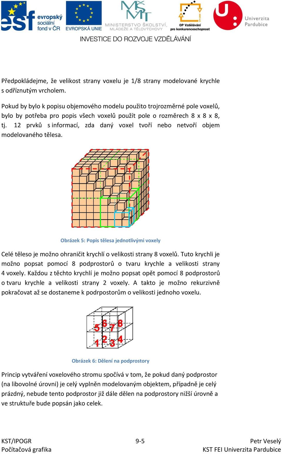 12 prvků s informací, zda daný voxel tvoří nebo netvoří objem modelovaného tělesa. Obrázek 5: Popis tělesa jednotlivými voxely Celé těleso je možno ohraničit krychlí o velikosti strany 8 voxelů.