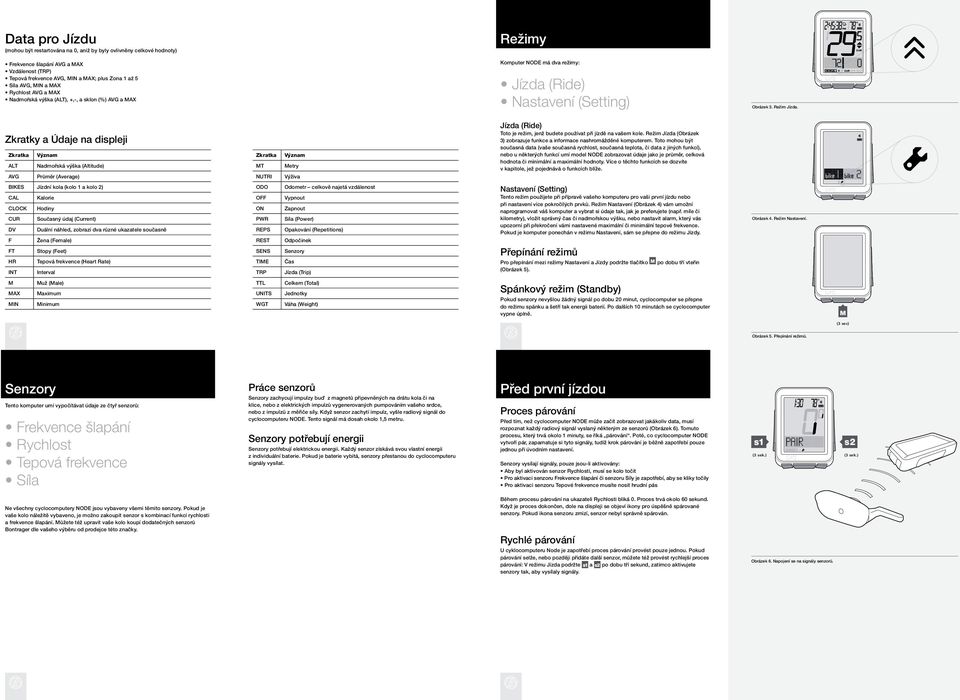 Zkratky a Údaje na displeji Zkratka alt avg význam Nadmořská výška (altitude) Průměr (average) Zkratka mt NuTri význam metry Výživa Jízda (ride) Toto je režim, jenž budete používat při jízdě na vašem