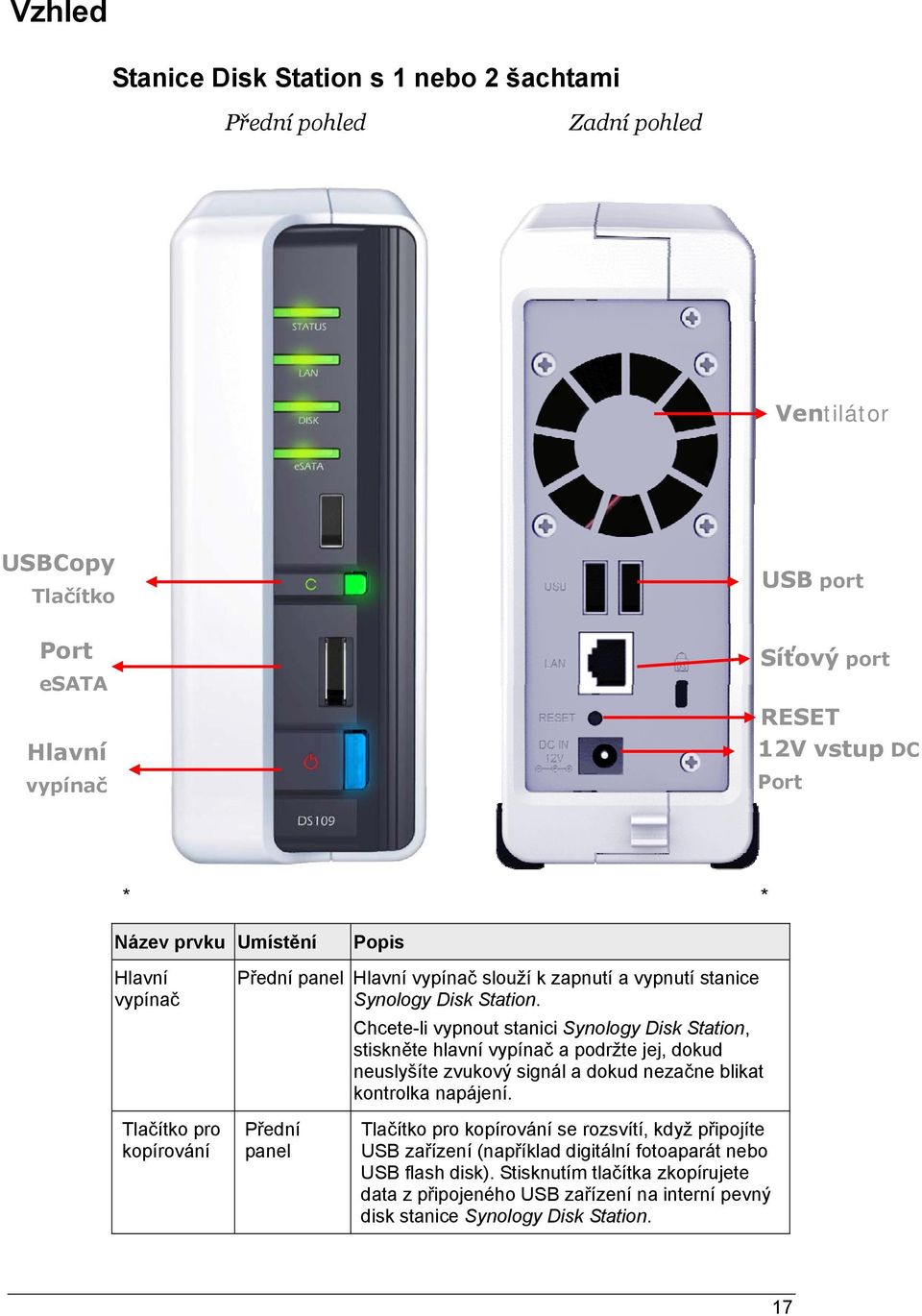 Chcete-li vypnout stanici Synology Disk Station, stiskněte hlavní vypínač a podržte jej, dokud neuslyšíte zvukový signál a dokud nezačne blikat kontrolka napájení.