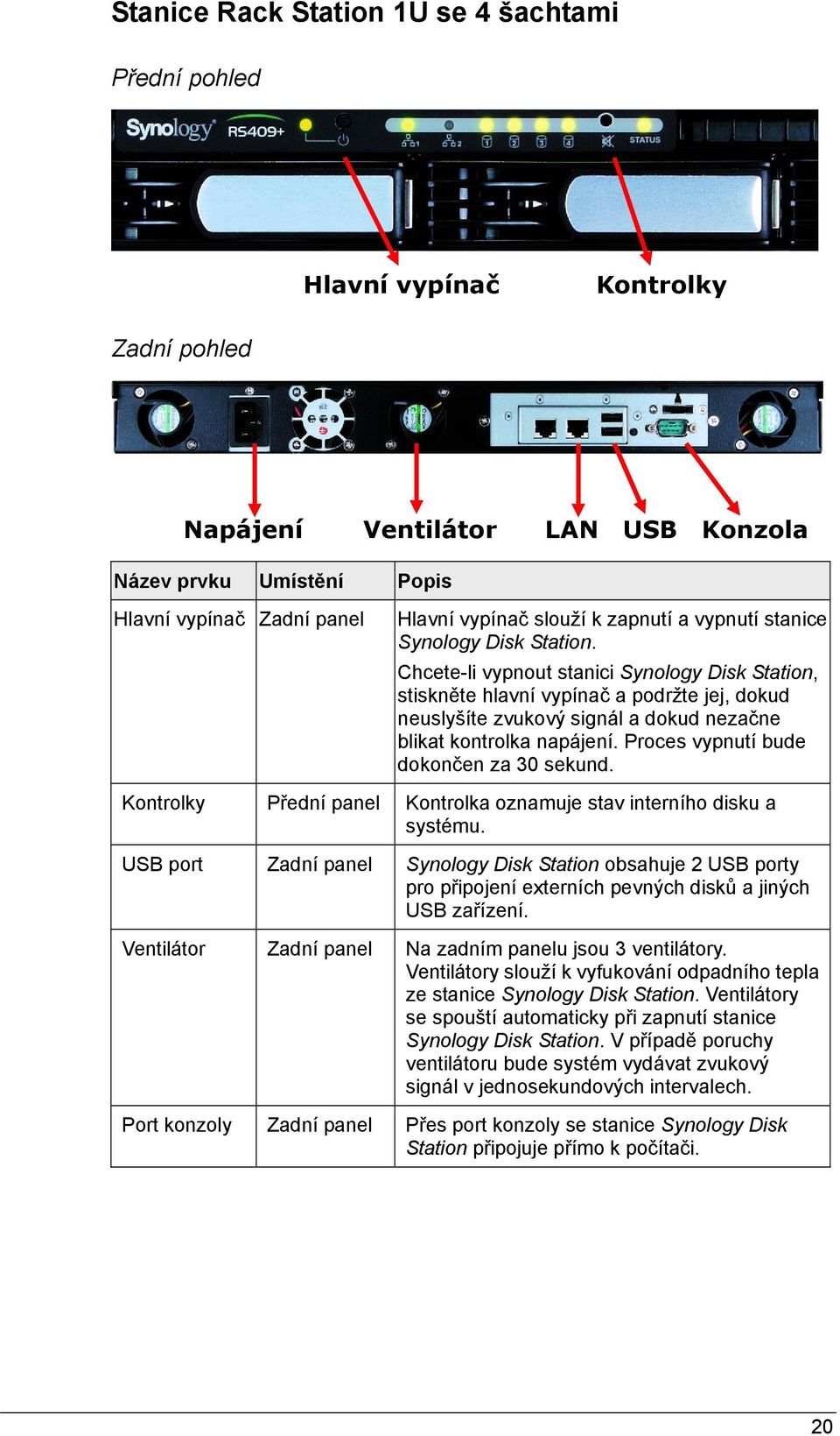 Chcete-li vypnout stanici Synology Disk Station, stiskněte hlavní vypínač a podržte jej, dokud neuslyšíte zvukový signál a dokud nezačne blikat kontrolka napájení.