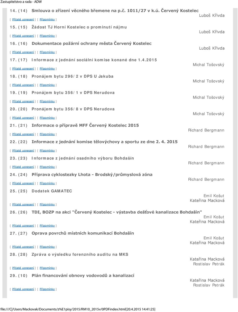 (19) Pronájem bytu 356/1 v DPS Nerudova 20. (20) Pronájem bytu 356/8 v DPS Nerudova 21. (21) Informace o přípravě MFF Červený Kostelec 2015 22.